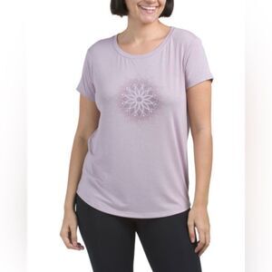 GAIAM Sea Fog Lavender Mindful Graphic Floral Front Short Sleeve Yoga Crew Tee